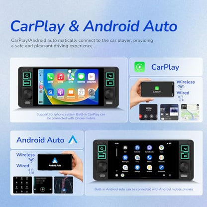 Single Din Radio Car Stereo with Wireless and Wired CarPlay & Android Auto 5.1" with Bluetooth 5.2 Car Audio Receiver AM&FM, EQ, TF, AUX＆USB, Fast Charging, AHD Backup Camera MIC