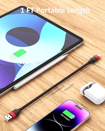 Short USB to USB C Cable, 2 Pack USB C Cable 1ft, Braided 12 inch Short USBC Cable 3A Fast Charging for iPhone 17 16 15 Pro Max, Samsung Galaxy S25 S24 S23, Pxiel 10 9 - size: 1 FT