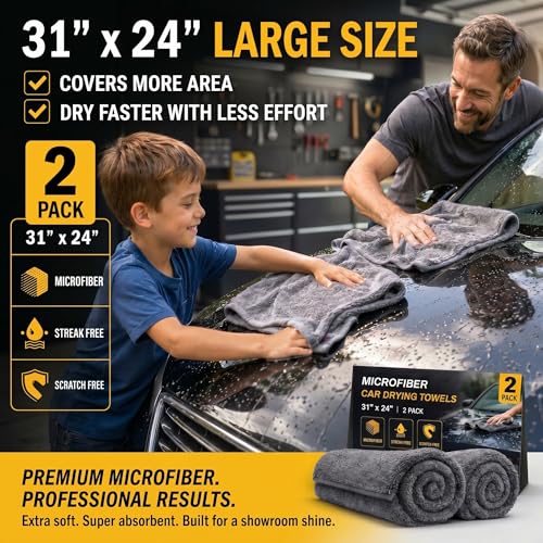 2 Pack Professional Large Microfiber Car Drying Towels (31" x 24"), Microfiber Towels for Cars, Scratch Free, Lint Free, Highly Absorbent Quick Drying Towel Cloth for Cars, Trucks Boats, Car Detailing