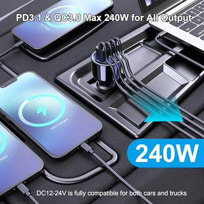 240W USB C Car Charger, Super Fast Charging 4-Ports PD3.1 140W/PD3.0 100W PPS 45W QC65W Type-C Car Adapter for MacBook Pro Laptop iPhone 16 15 Max iPad Samsung Galaxy S24/23 Pixel etc