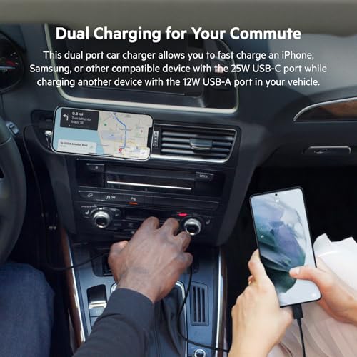 Belkin 37-Watt Dual USB Car Charger - Power Delivery 25W USB-C Port & 12W USB-A Port for PPS Charging Apple iPhone, Samsung Galaxy, AirPods, & More - size: 1.0 inches, style: Dual USB-A & C 37W