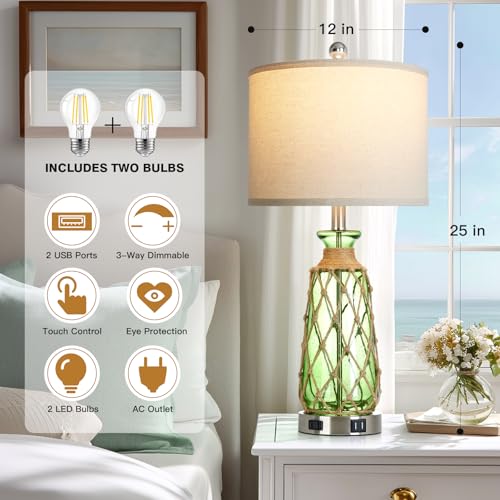 Ruzectt 25.5" Green Glass Table Lamps Set of 2, 3-Way Dimmable Touch Control Bedside Lamps with 2 USB Ports and AC Outlet, Coastal Nightstand Lamp for Bedroom Living Room (LED Bulbs Included) - color: Green
