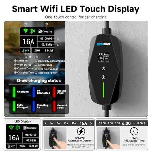 Level 1&2 Portable EV Charger (WiFi) with App Control, 8-16Amp Adjustable Current & Timer, 110V–240V, NEMA 5-15 & 6-20 Plug, 25Ft EV Charging Cable, J1772 Electric Car Charger for All PHEV/EV - size: 16A