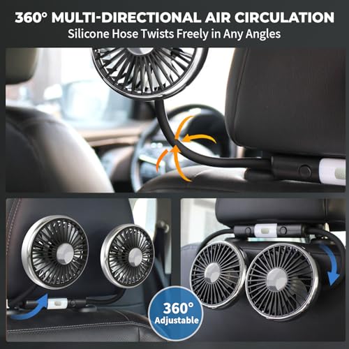 Car Fan for Backseat for Kids, Dual Head 360 Rotatable Cooling Fan with 3-Speed and Reading Light, USB Fan That Blows Cold Air for Car SUV RV Truck without AC, Silver