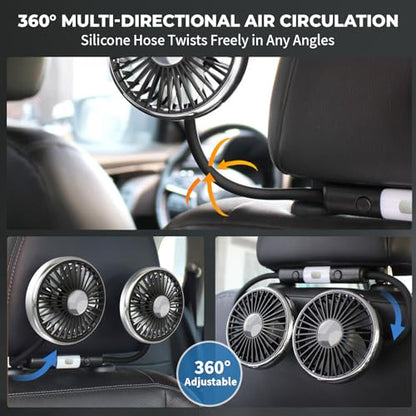 Car Fan for Backseat for Kids, Dual Head 360 Rotatable Cooling Fan with 3-Speed and Reading Light, USB Fan That Blows Cold Air for Car SUV RV Truck without AC, Silver