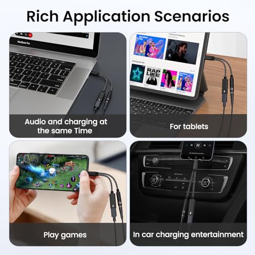 2 in 1 USB C to 3.5mm Headphone and Charger Adapter, USB C to AUX Mic Jack with PD 60W Fast Charging for Stereo, Earphones, Compatible with iPhone 17/16, Samsung Galaxy S25/S24, Google Pixel 9/8 - color: Black