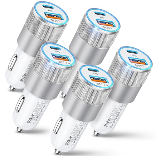 Car Charger, 5 Pack 38W Dual Ports USB-C & USB-A Cigarette Lighter Adapter - color: 5-Pack White