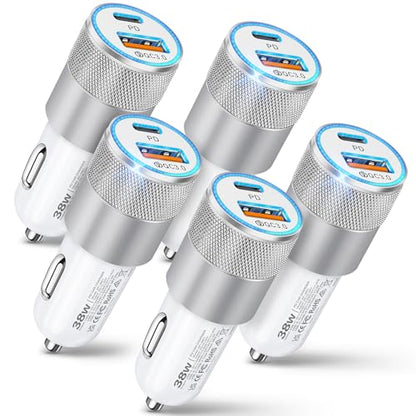 Car Charger, 5 Pack 38W Dual Ports USB-C & USB-A Cigarette Lighter Adapter - color: 5-Pack White