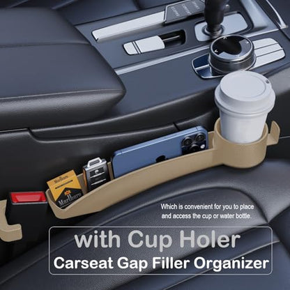 Car Seat Gap Plug with Storage Slot, Auto Gap Filler Organizer with Cup Holder, Universal Carseat Side Gap Filler Strip 2 Pack Between Front Seats & Console, Anti-Drop Pad with Seatbelt Holes, Beige - color: Beige, Cup Holder & Hook