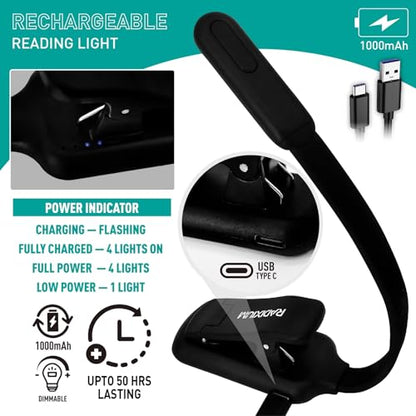 Rechargeable Book Light for Reading - 9LED Eye-Caring Clip Light w/ 9 Color Temp, Stepless Dimming, 50H Battery, USB-C, Ultra Slim - Gift for Book Lovers (Black) - color: Black