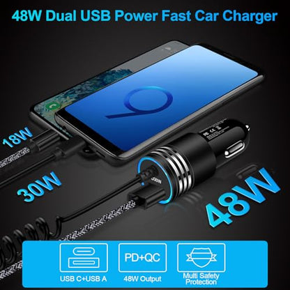 for iPhone 17e/17/16/15 Car Charger,48W PD+QC USB C Fast Car Charger - style: Coiled Cable
