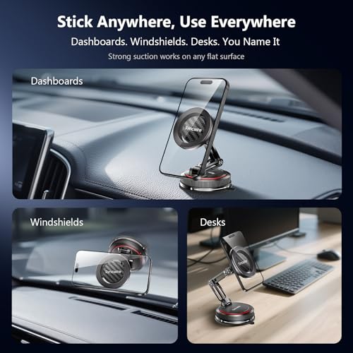 SYNCWIRE for MagSafe Car Mount [3-Axis] Nano Adhesive Gel + Strong Suction Cup Magnetic Phone Holder for Dashboard & Windshield, 360° Adjustable for iPhone 17 16 15 14 13 12, Samsung, Carbon Fiber - color: Carbon Fiber