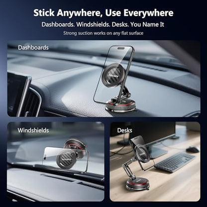 SYNCWIRE for MagSafe Car Mount [3-Axis] Nano Adhesive Gel + Strong Suction Cup Magnetic Phone Holder for Dashboard & Windshield, 360° Adjustable for iPhone 17 16 15 14 13 12, Samsung, Carbon Fiber - color: Carbon Fiber