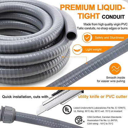 DWALE Liquid-Tight Conduit and Connector Kit,Flexible Non Metallic Liquid Tight Electrical Conduit,1-1/4inch100ft Electrical Conduit Kit,with4 Straight and2 Angle Fittings Included,1-1.4 in. Dia - size: 1-1/4"-100FT