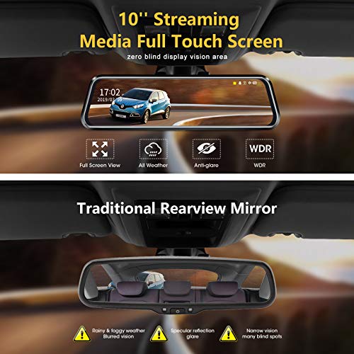 10'' Mirror Dash Cam Night Vision 1080P FHD Full Touch Screen Front and Rear View Backup Camera for Cars Loop Recording Streaming Media 170°Wide Angle Parking Assistance 6M Cable (Pack of 3) - size: 10 Inch (Pack of 3)