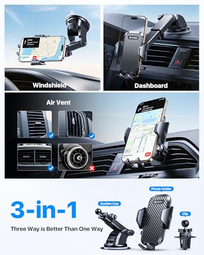 andobil Car Phone Holder, 2026 Military-Grade 89lbs Strongest Suction Phone Holders for Your Car Dashboard/Windshield/Vent Easy Clamp Car Phone Mount Stand for iPhone 17 16 15 14 13 Pro Max Samsung - color: Black