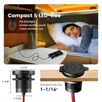 12V USB Outlet Wall Mount Aluminum PD3.0 and QC 3.0 Waterproof Dual Port DC 12~24V Socket USB C Cigarette Lighter Replacement for Boat RV Camper Trailer Truck Golf 2Pcs