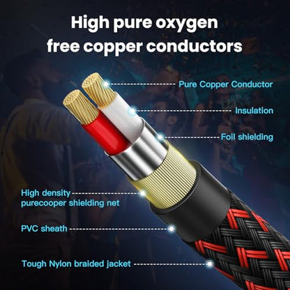 KIRFEIHT RCA to 3.5mm Audio Cable - 30FT AUX OFC Core Cord RCA Cables with Nylon Braided 1/8 Gold-Plated Connectors for Smartphones, Tablets, Speakers, HDTV, Amplifiers - Red & Black - size: 30FT, style: 2RCA TO 3.5MM