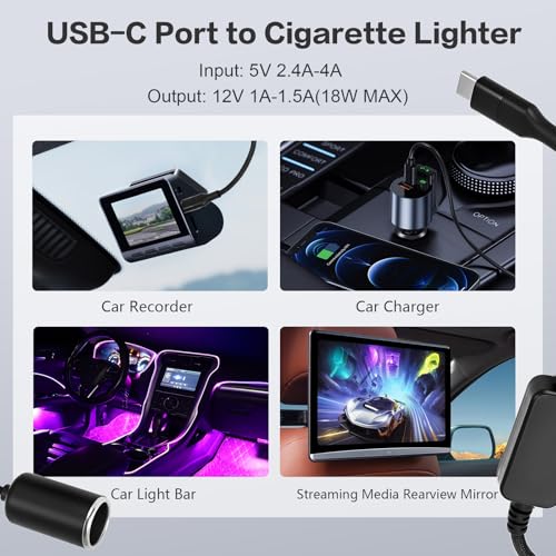 USB-C to 12V Cigarette Lighter Adapter, Car Charger