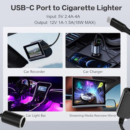 USB-C to 12V Cigarette Lighter Adapter, Car Charger