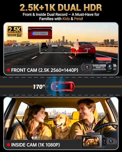 2.5K+1K Dual Dash Cam Front and Inside with GPS WiFi, 32GB Card, 24Hr Park - style: 2 front and inside