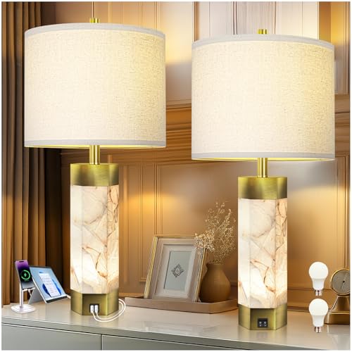 Scenekoy 27" Alabaster Table Lamps Set of 2,Table Lamp with Night Light - color: Pure White