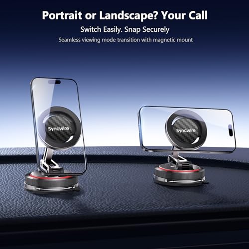 SYNCWIRE for MagSafe Car Mount [3-Axis] Nano Adhesive Gel + Strong Suction Cup Magnetic Phone Holder for Dashboard & Windshield, 360° Adjustable for iPhone 17 16 15 14 13 12, Samsung, Carbon Fiber - color: Carbon Fiber