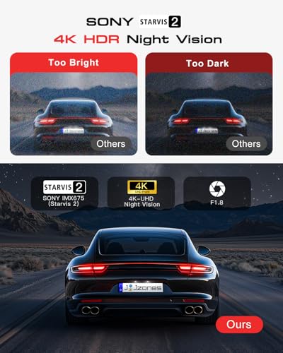 Jzones 4K 3-Channel Dash Cam Front and Rear with Cabin, STARVIS 2 Sensor, Dash Camera for Cars with WiFi 6, G-Sensor, Loop Recording, Night Vision, 24H Parking Mode, 64GB Card Included