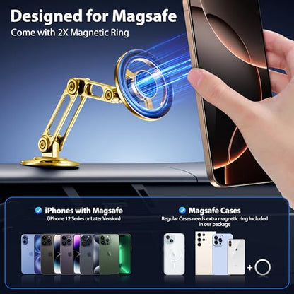 Ultra Magnetic Long-Arm Phone Holder Stand, Fits for MagSafe Car Mount Bracket【Windshield+Vent+Dash】, 360° Rotation Adjustable Strong Magnets Car Mount Desk Office Phone Cradle Holder, Gold - color: Gold