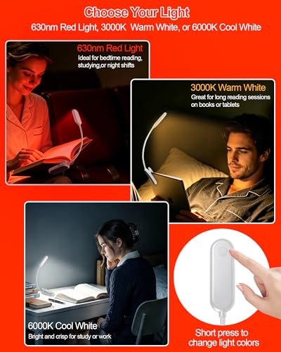 630nm Red Book Light for Reading at Night - Zero Blue Light, Dimmable Reading Lights for Books in Bed, LED Book Lamp Clip on, Gift for Students Parents Nurse Studying Travel (1 Pack) - size: White-1 Pack