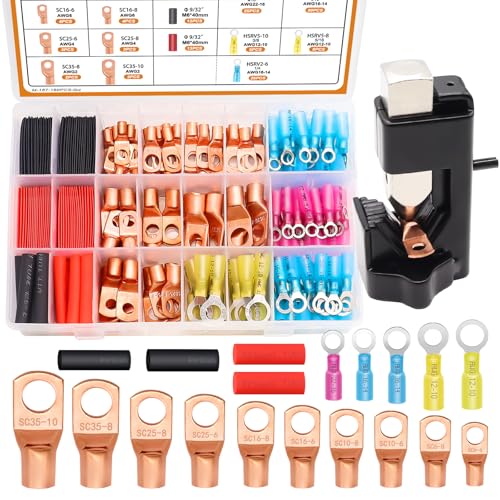 mankk 180PCS Copper Wire Lugs with Tool AWG 2 4 6 8 10 12 14 16 Gauge Battery Terminal Connectors Battery Cable Ends Connectors Copper Ring Terminal Kit with Heat Shrink - color: 180PCS+Tool