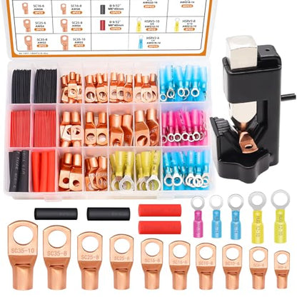 mankk 180PCS Copper Wire Lugs with Tool AWG 2 4 6 8 10 12 14 16 Gauge Battery Terminal Connectors Battery Cable Ends Connectors Copper Ring Terminal Kit with Heat Shrink - color: 180PCS+Tool
