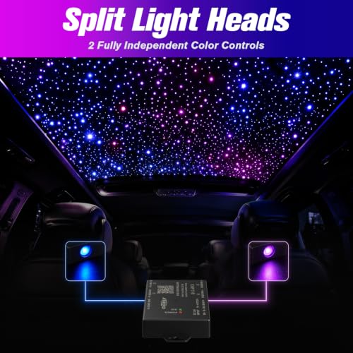 CHINLY 600Pcs Split Starlight Headliner Kit, 2 Light Heads 0.02in 4.92ft RGBW Star Lights for Car, 16W Starlight Kit APP/Remote Control, Flexible Wiring for Car Roof Ceiling - size: Standard+600pcs*0.02in*4.92ft