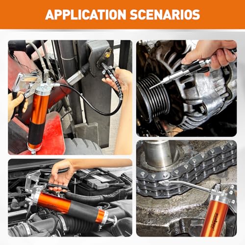 18-Piece 8000PSI Heavy Duty Grease Gun Kit with 14oz Grease, 2x11" Hoses, Flex Hose, Extension Pipes, Lock Coupler, Injector, Sharp Nozzle for Vehicle, Farm, Workshop, Marine, Easy Operation Tool