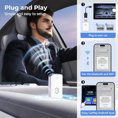 Wireless Carplay Adapter for iPhone, Convert Wired Car Play to Wireless, 2 in 1 Plug and Play Mini CarPlay and Android Auto Adapter for iOS 10 Android 11 and Above, Cars with Built-in Carplay (White) - color: White-Silver