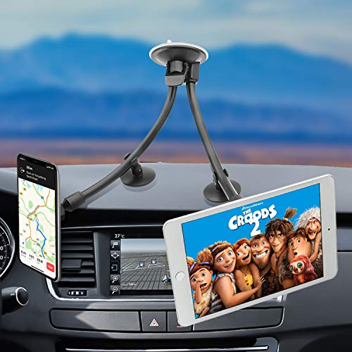 Dual Magnetic Car Phone Mount, Gooseneck Car Phone Holder for Truck Windshield & Dashboard with 3M/Stabilizer, Dual Long Arm Phone Mount Compatible with iPhone Galaxy All Smart Cell Phones