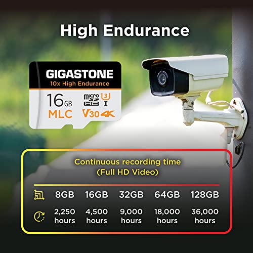 [10x High Endurance] GIGASTONE Industrial 16GB MLC Micro SD Card, 4K Video Recording, Security Cam, Dash Cam, Surveillance Compatible 95MB/s, U3 C10, with Adapter [5-Yrs Free Data Recovery] - color: 16GB High Endurance 1-Pack