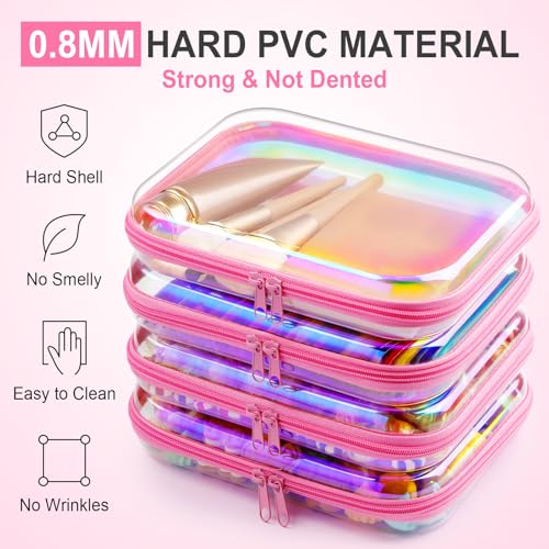 Hoolerry 4 Pcs Hard Clear Zipper Case,Clear,9.8 X 7.9 X 2 In,Pink Laser - color: Pink Laser, size: 9.8 x 7.9 x 2 in