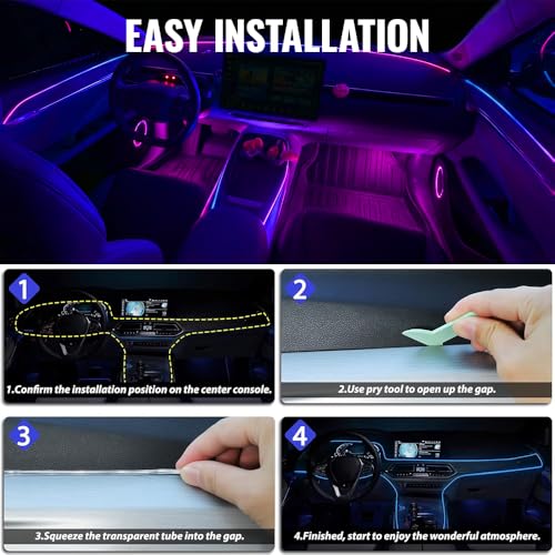 Ambient Lighting Car Led Lights Interior Kit,10 in 1 RGB Music Sync Acrylic Led Lights for Car Interior,175 inches Fiber Optic Neon Accent Strip Night Ambiance Footwell Lighting with Wireless APP - size: 10 in1(1*43.3inch+4*29.5inch+1*13.8inch+4*footwell
