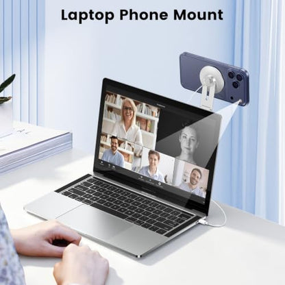 Magnetic Laptop Phone Mount with 15W Fast Wireless Charger, Compatible for iPhone 12-17 Series & All Phones, Adjustable Laptop Phone Holder for Tesla Model 3/Y/S/X Desktop Screen Stand - color: Sliver