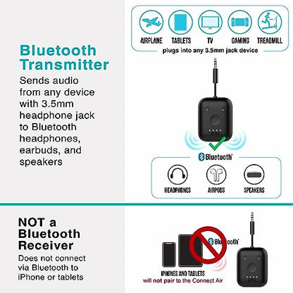 MEE Audio Connect Air in-Flight Bluetooth Wireless Audio Transmitter Adapter for up to 2 AirPods/Other Headphones; Works with All 3.5mm Aux Jacks on Airplanes, Gym Equipment, TVs, & Gaming Consoles - color: Black, style: Connect Air