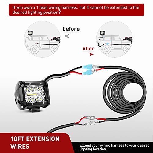 Nilight 2PCS 16 AWG 10 Feet Wiring Harness Extension Kit for LED Work Light Bar Led Pods Off Road Lights Driving Fog Light Boat Lighting, 2 Years Warranty,black - size: 16AWG -10FT 2Pcs