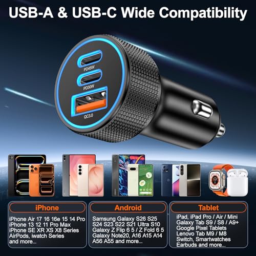 OKRAY 93W USB C Car Charger 3-Port PD45W+30W Super Fast Charge Car Charger - color: Black