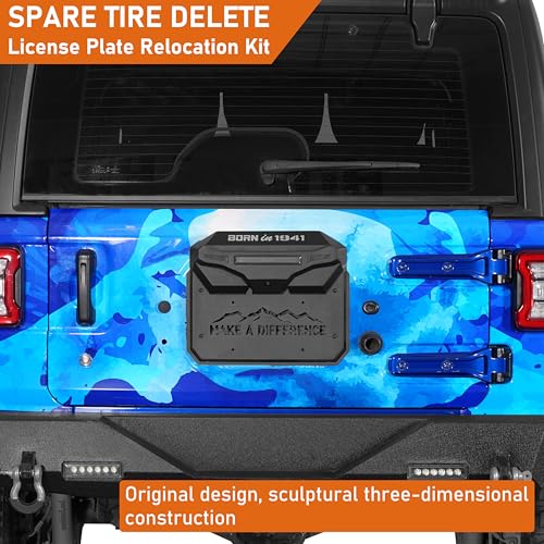 Hooke Road JL Spare Tire Delete License Plate Relocation w/3rd Brake Light for 2018-2025 Jeep Wrangler JL JLU, Tailgate Vent Cover Retains OEM Backup Camera