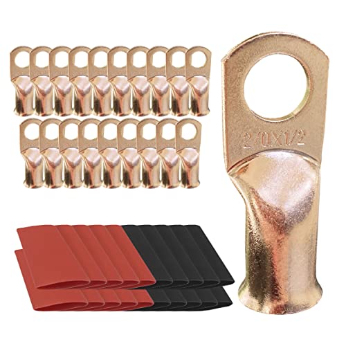 10pcs 2/0 AWG-1/2 Ring Battery Lugs, Copper Lugs, Battery Cable Ends, Tubular Ring Terminals, Crimp Wire Ring Lugs, Battery Terminal Connectors with Heat Shrink Tubing (10, 2/0 Awg - 1/2" (M12) Ring) - size: 2/0 Awg - 1/2" (M12) Ring