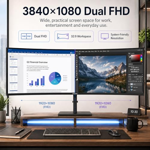 Deco Gear 49 Inch Curved Monitor, 3840x1080 Ultrawide Gaming WDFHD Screen, 144Hz, 32:9, 3ms, 3000:1 VA Display, HDR400, Adaptive Sync, USB-C 65W, HDMI, PIP/PBP, KVM, 1800R, Office & Workstation Setup - size: 49 inch
