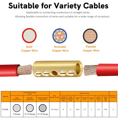 12-10 Gauge Wire Butt Connectors 10 PCS Brass Mechanical Butt Splice Connectors Kit 12-10 AWG Mechanical Splices Screw Sleeve Connector 10 PCS Mechanical Splices & 3:1 Heat Shrink Tubes - color: Bare Brass