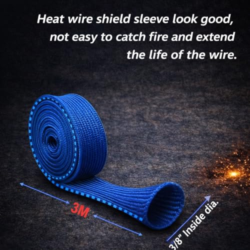 Fiberglass Heat Wire Shield Sleeve Heat High Temp 1800 degree Shield Adjustable Heat Shield 10Ft 3/8"(10mm) I.D Blue for Car Wire Loom Protection - color: Blue, size: 3/8'' ID x 10'