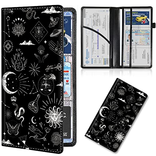 Car Registration and Insurance Card Holder, Premium PU Leather Vehicle Wallet Cover for Glove Box Car Organizer Drivers License / Cards / ID Essentials Document Holder, Astrology Celestial Theme - color: Astrology Celestial Theme