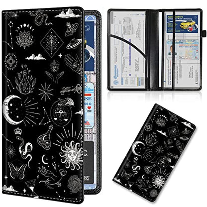 Car Registration and Insurance Card Holder, Premium PU Leather Vehicle Wallet Cover for Glove Box Car Organizer Drivers License / Cards / ID Essentials Document Holder, Astrology Celestial Theme - color: Astrology Celestial Theme